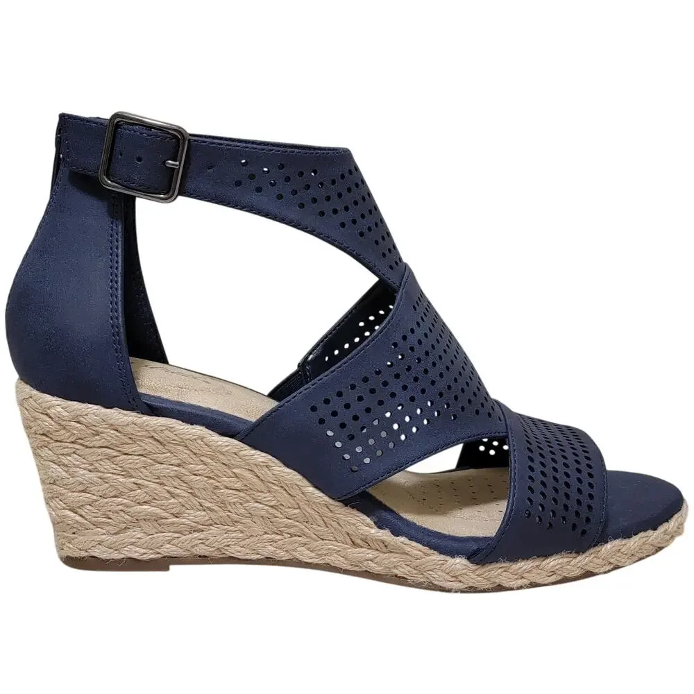 Easy Street Women Tova Caged Espadrille Wedge Sandals Size US 7.5M Navy Blue